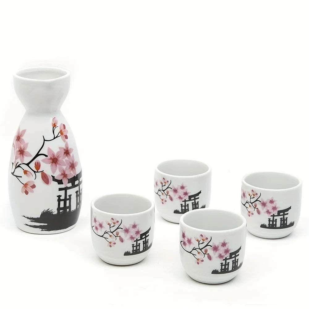 Ceramic Hand Painted Sakura Sake Set