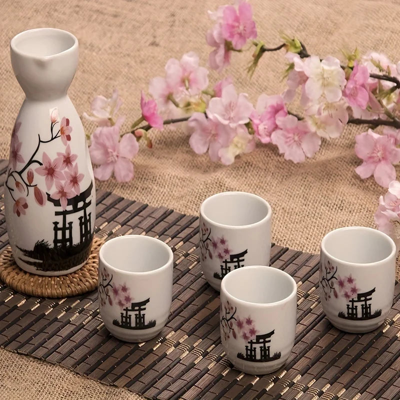 Ceramic Hand Painted Sakura Sake Set