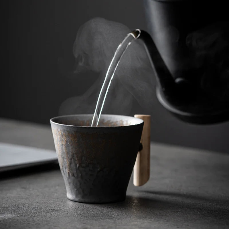 Japanese-style Retro Vintage Ceramic Coffee Mug with Wooden Handle