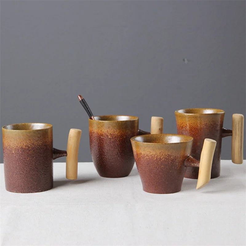 Japanese-style Retro Vintage Ceramic Coffee Mug with Wooden Handle