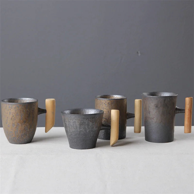 Japanese-style Retro Vintage Ceramic Coffee Mug with Wooden Handle