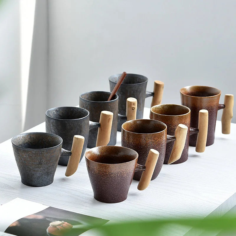 Japanese-style Retro Vintage Ceramic Coffee Mug with Wooden Handle