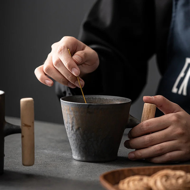 Japanese-style Retro Vintage Ceramic Coffee Mug with Wooden Handle