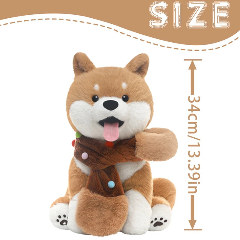 Plush dog toy with a brown scarf, showing size measurement on a white background