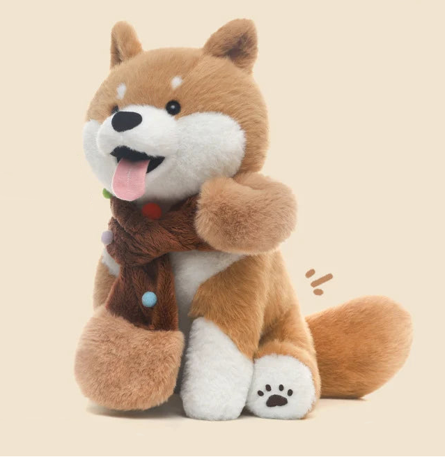 Plush toy dog with a scarf on a beige background