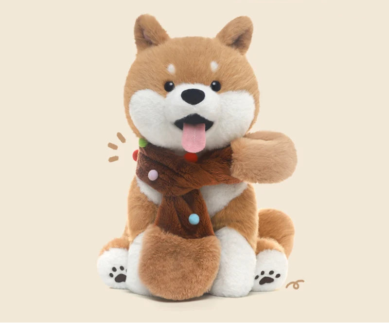 Plush Shiba Inu toy with a scarf on a beige background